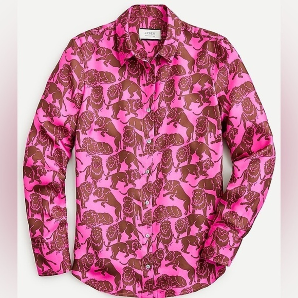 J. Crew Collection Silk Lion Print Button-up Shirt Womens Size 8